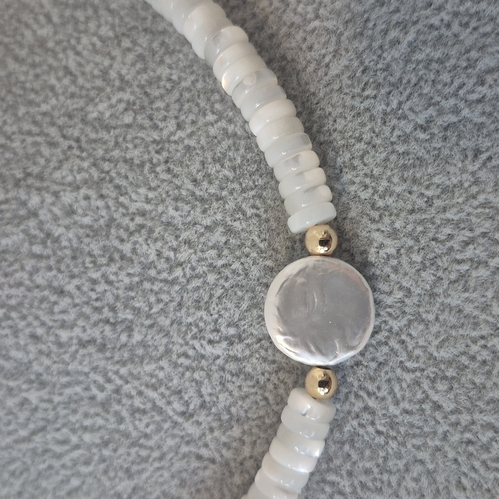 Natural Mother.of Pearl White Slices Of Pearl Rings & Pearl Coin Choker,Braclet - Picture 2 of 7
